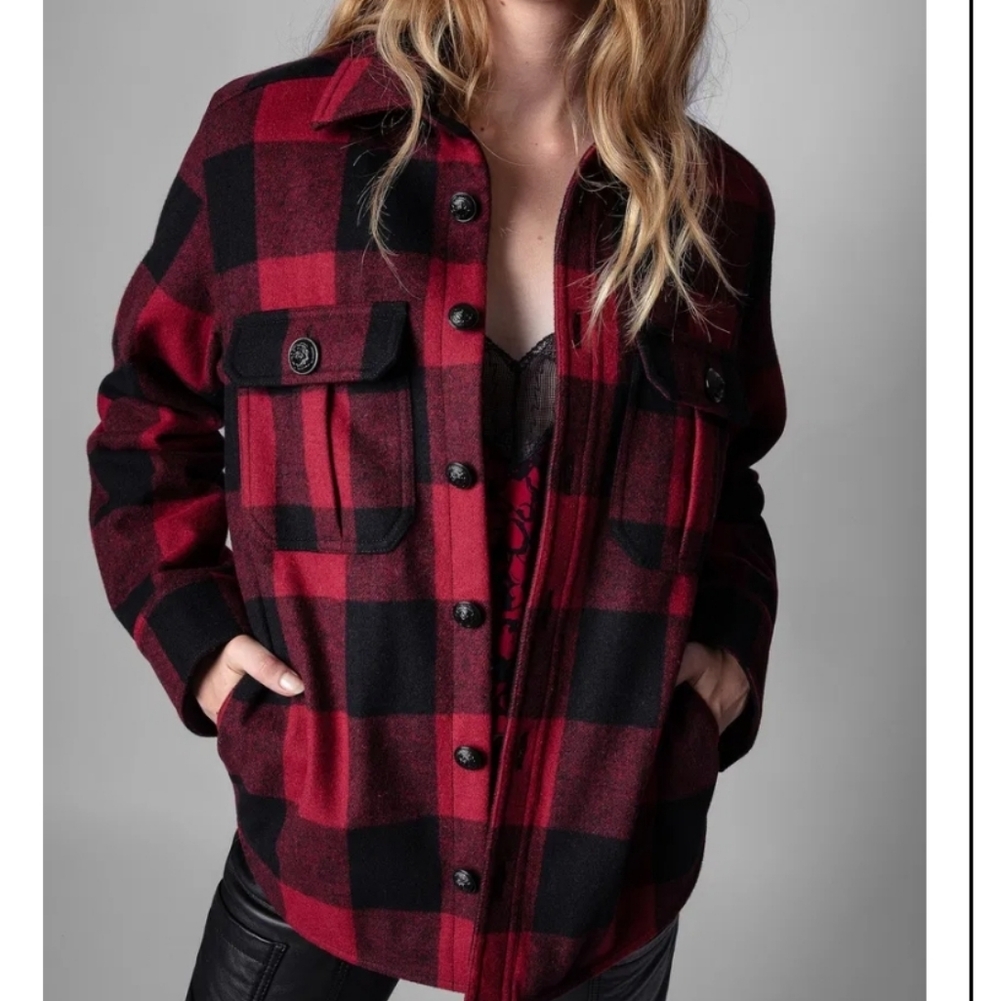 Zadig and Votaire Red And Black Buffalo Check Wool Blend Timber Car Coat Size XS